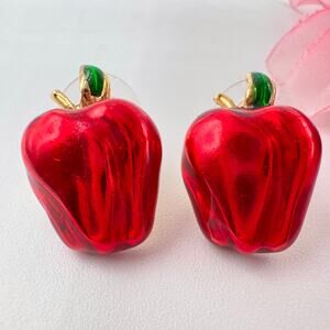 Vintage Red Enamel Apple Stud Earrings Gold Tone Maker Signed Whimsical Fruity